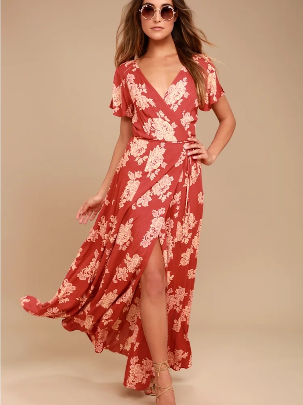 Heart of Marigold Rust Red Floral Print Wrap Maxi Dress Lulus